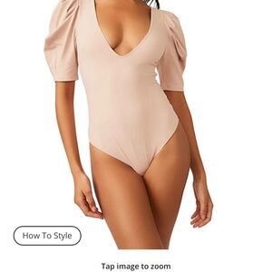 Free People Women’s Va Va Voop Deep V Neck Short Ruched Puffed Sleeves Bodysuit